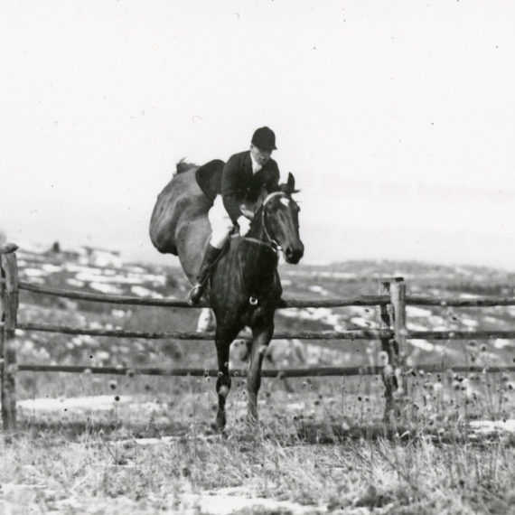 Lawrence Phipps, Jr., on horseback during a hunt with the Arapahoe Hunt Club. Photo taken 1940s-1950s.