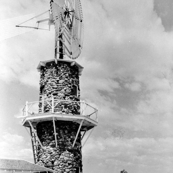 The ranch’s iconic windmill, photographed in the 1930s. The date of construction for the windmill is unknown, but historians expect it was as early as the turn of the 20th century.