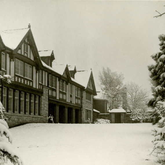 The back of the Mansion during a snowy winter day in the 1930s.